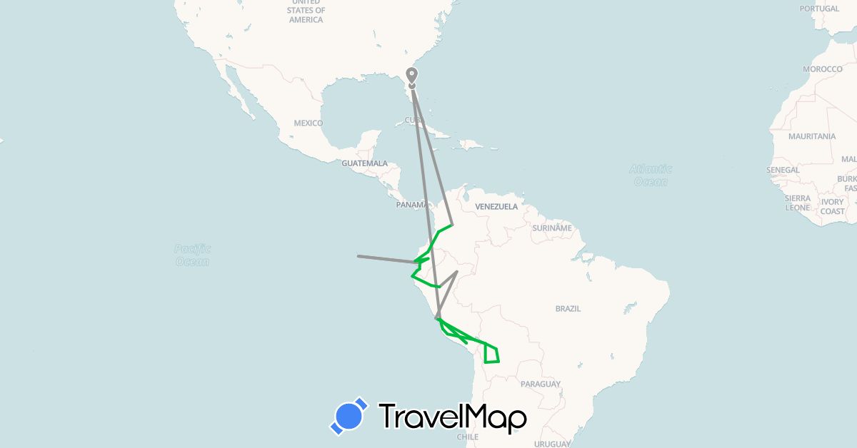 TravelMap itinerary: driving, bus, plane in Bolivia, Colombia, Ecuador, Peru, United States (North America, South America)